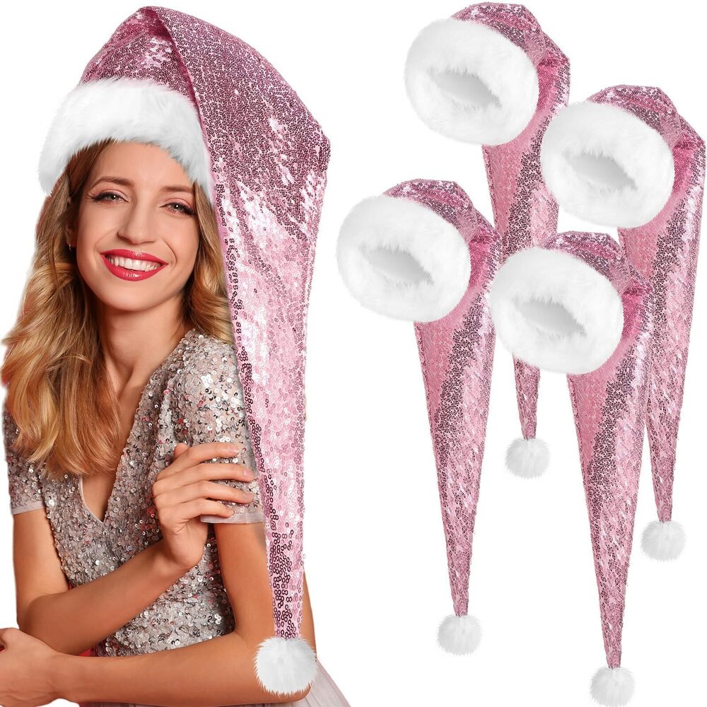 5769 4 Pieces Christmas Santa Hats Xmas Shiny Sequin Santa Hats for Adults